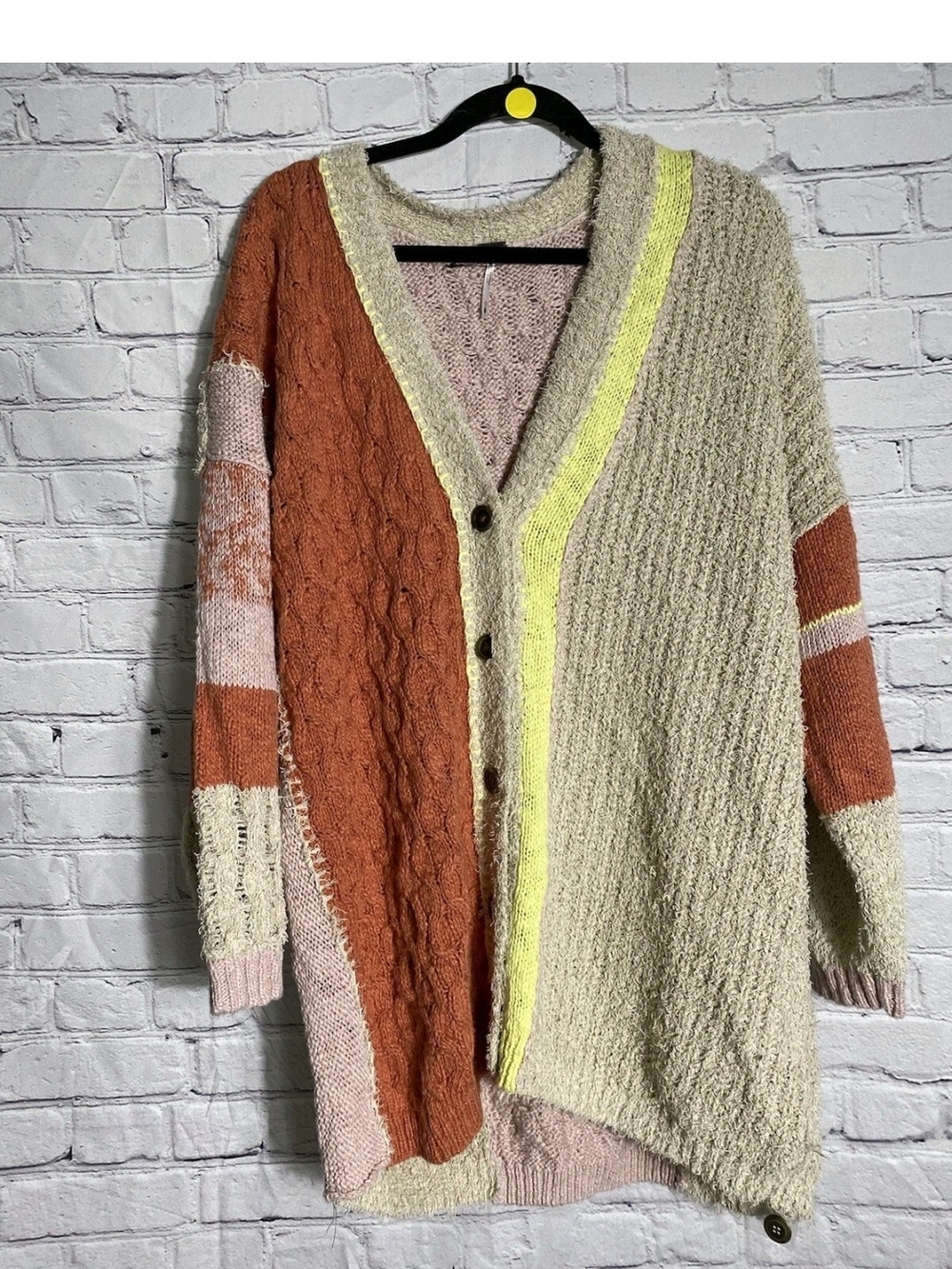 Free People Textured Colorblock Bouclé Cardigan in Cream, Rust & Yellow Oversize - Picture 3 of 6